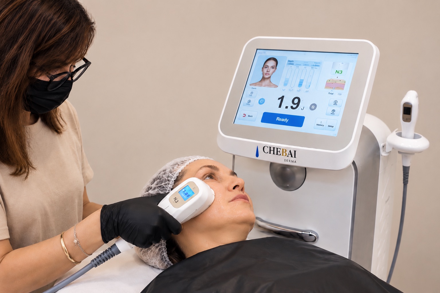 Profesional trabajando con aparatología CHEBAI DERMA