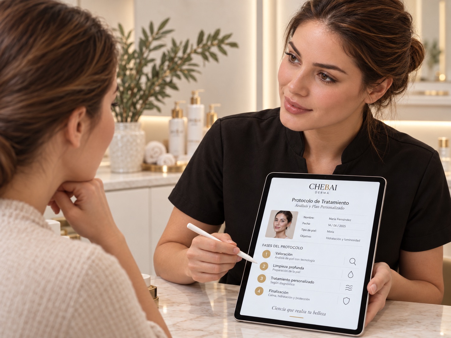 Asesora de CHEBAI DERMA explicando el análisis cutáneo