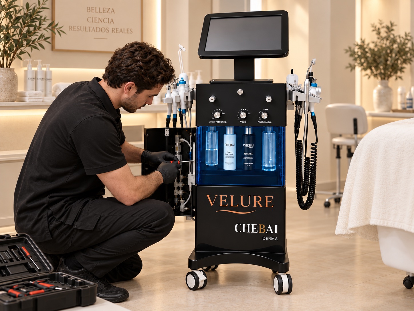 Técnico de CHEBAI DERMA en la puesta en marcha del equipo Velure