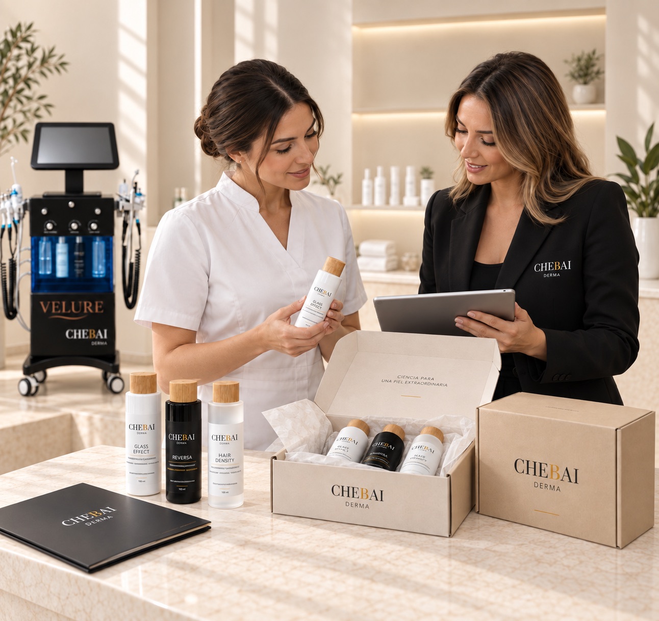 Profesionales recibiendo el material de CHEBAI DERMA