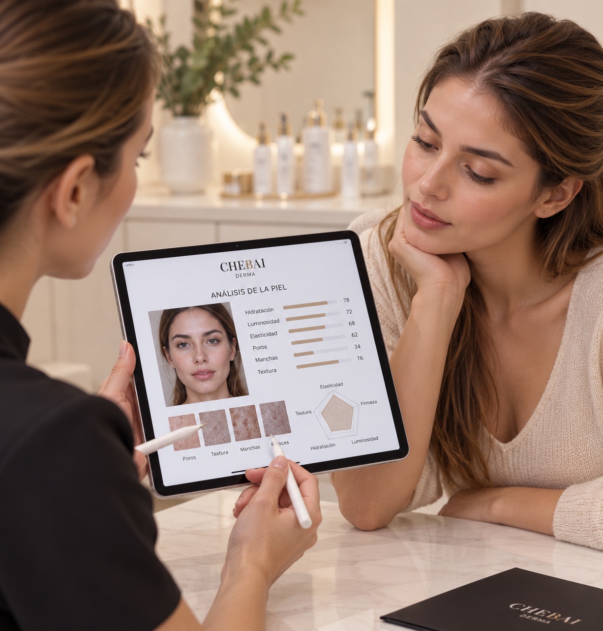 Profesional mostrando a una clienta el resultado del análisis en tablet