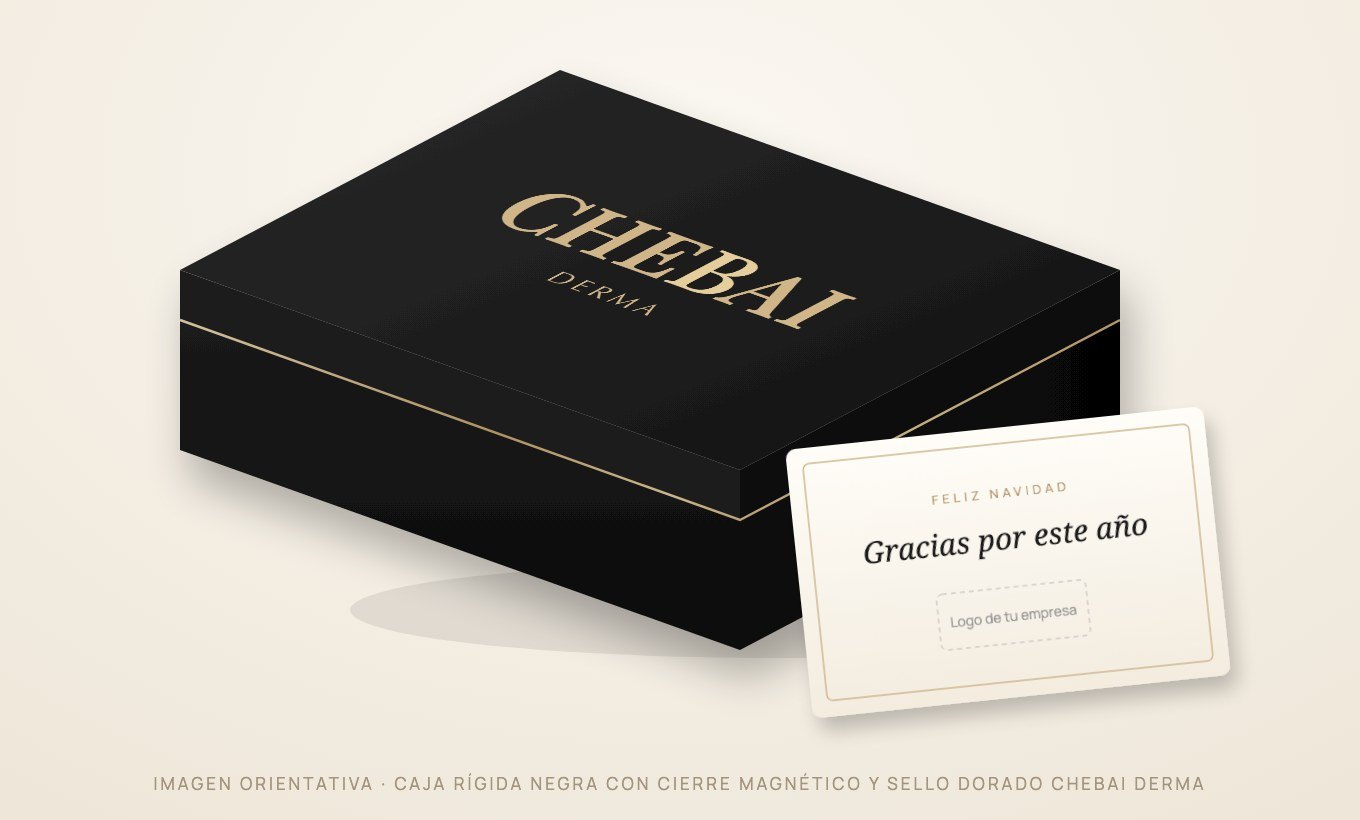 Imagen orientativa de la caja de regalo: caja rígida negra con cierre magnético, sello dorado CHEBAI DERMA y tarjeta con el logo de la empresa