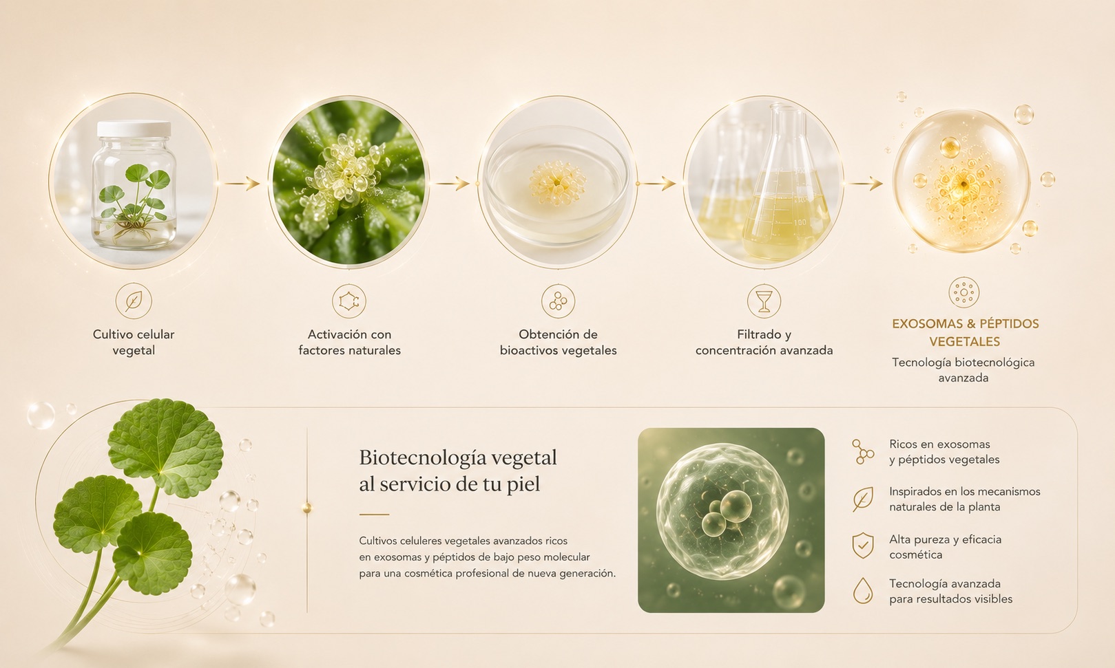 Proceso de biotecnología vegetal: del cultivo celular a los exosomas y péptidos vegetales