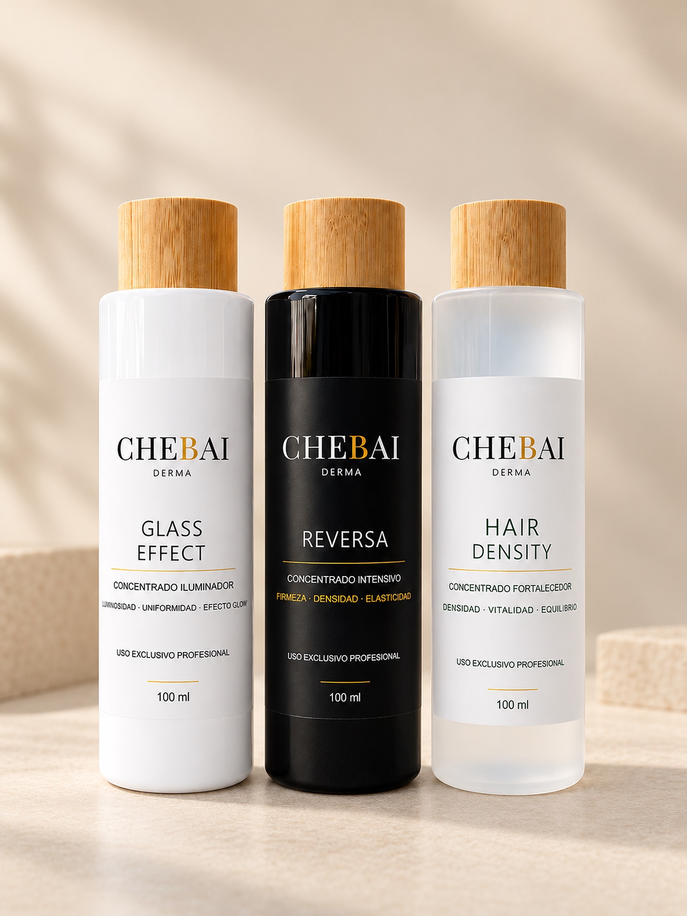 Frascos de exosomas CHEBAI DERMA Reversa, Glass Effect y Hair Density